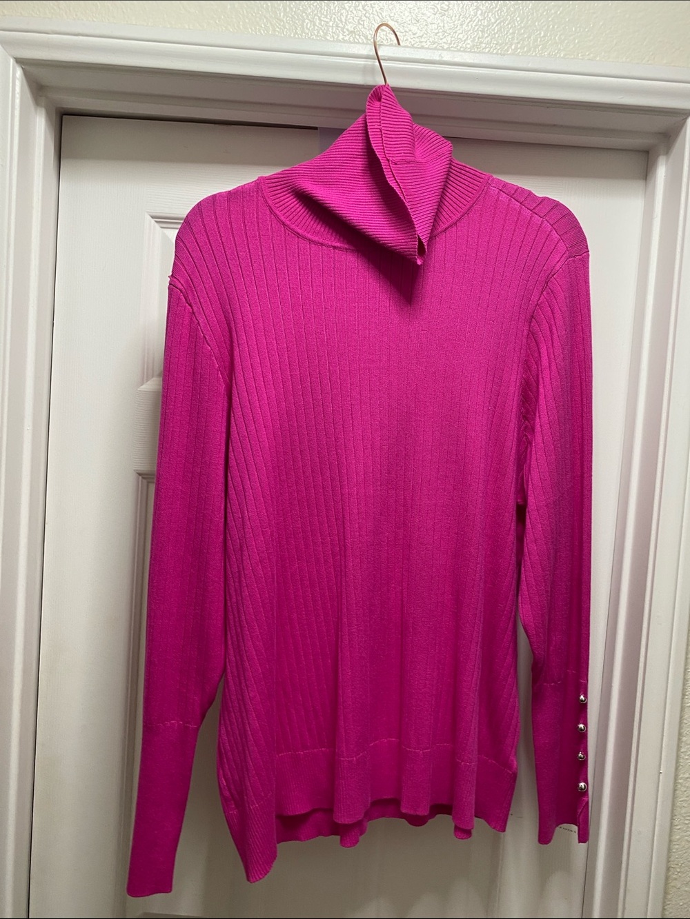 New York & Company Hot Pink Ribbed Turtleneck Sweater with Pearl Cuff Buttons